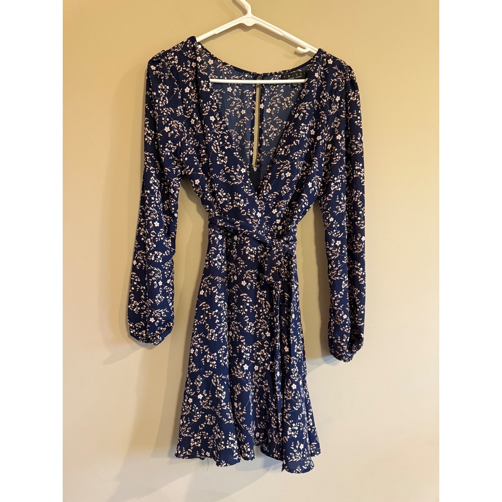 Trixxi Navy Blue Floral Long Sleeve V-Neck Tie Waist Mini Dress Small